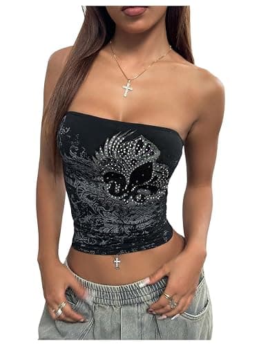 SOLY HUX Women's Glitter Graphic Bandeau Tube Top Y2k Gothic Strapless Crop Tops Rave Party Outfits - Image 1