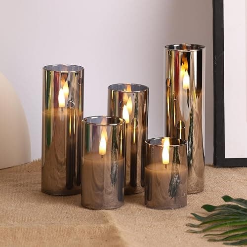 Eywamage 5 Pack Grey Glass Flameless Candles with Remote, Flickering Slim Tall LED Pillar Votive Candles Battery Included - Gray thumbnail 5