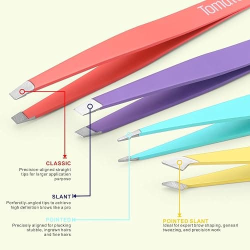 Tomata Tweezers for Eyebrows, Slant Tip and Pointed Eyebrow Tweezer Set Great Precision for Eyebrows Facial Hair, Ingrown Hair, Splinter, Blackhead and Tick Remover (4-piece) (Multi-color) thumbnail 3