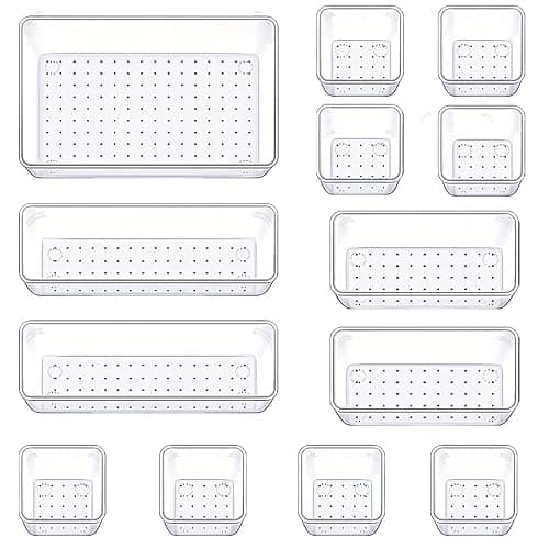 Manalete Drawer Organizers Set of 13, 4 Sizes Clear Plastic Drawer Organizers and Storage Bins for Kitchen, Bathroom, Office, Dresser Desk Drawer Organizer Tray for Jewelry, Makeup, Junk, Gadgets - 13