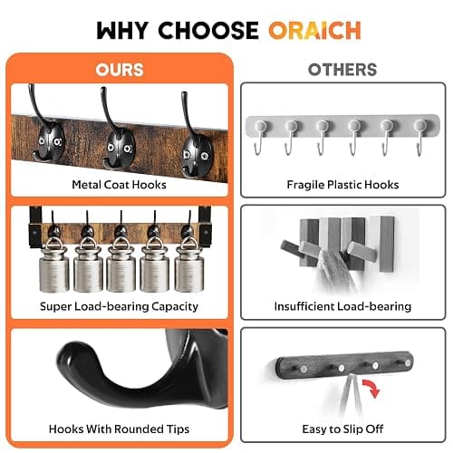 Oraich Wall Hooks with Shelf, Coat Rack Wall Mount for Coat Backpack Key Clothes Hanger, Wall Floating Shelf Hanging in Entryway, Living Room, Bathroom, Bedroom, Kitchen thumbnail 5