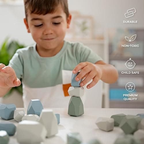 Comfy Cubs Stacking Rocks 36 Pieces, 36 Months+, Educational Toddler Stacking Blocks, Promotes Imagination, Balance & Fine Motor Skills - Wooden Rocks Sensory Toys Gift for Kid, Boy Pack thumbnail 5