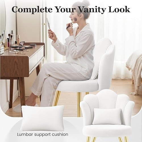 BestGlory Petal Makeup Vanity Chair with Back, Flower Chair Comfy No Wheels for Girls Women, Makeup Chair with Golden Metal Legs & Lumbar Pillow for Living Room/Makeup Room/Bedroom/Home Office - White thumbnail 8