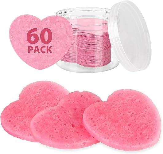 60-Count Compressed Facial Sponges with Container, Heart Shape Compressed Face Sponge, 100% Natural Sponge Pads for Face Cleansing, Massage, Pore Exfoliating Mask, Makeup Removal (Pink) - Image 1