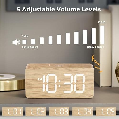 Wooden Digital Alarm Clocks for Bedrooms: Dimmable Dual Alarm Clock with Large Numbers for Bedside Desk - Bamboo thumbnail 6
