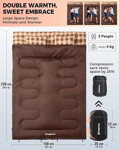 KingCamp Double Sleeping Bag for Adults, Queen Size 2 Person Sleeping Bag | XXL 100% Cotton Flannel Waterproof,Lightweight,Includes 2 Pillows Sleeping Bag,Perfect for Couples Family Camping Hiking thumbnail 2