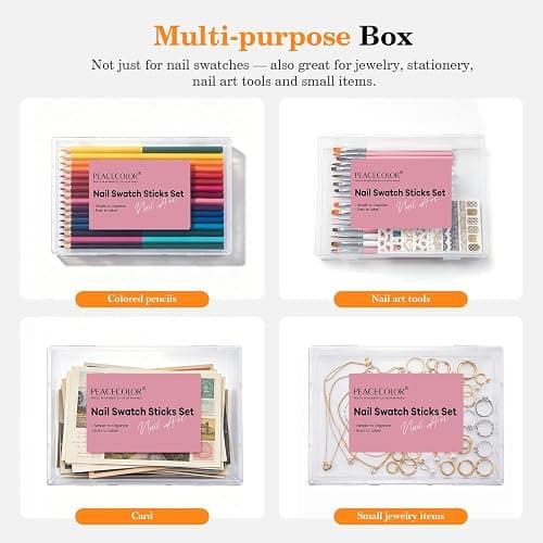 PEACECOLOR 100 Pcs Nail Swatch Sticks with Ring, 120 Blank Number & Box | Nail Color Swatches Display Kit, Protective Container Box, Clear Fan-Shaped Swatch for Nail Art Practice, Home and Salon thumbnail 4