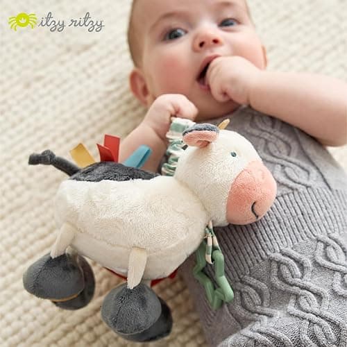 Itzy Ritzy Link & Love Toy for Stroller or Car Seat – Features Textured Ribbons, Crinkle Sounds, Clinking Rings & Silicone Teether – Designed for Ages 0 Months and Up (Cow) thumbnail 8