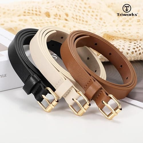 TRIWORKS 3 Pack Women Skinny Leather Belt for Jeans Pants Dress Ladies Thin Waist Belt with Gold Buckle thumbnail 5