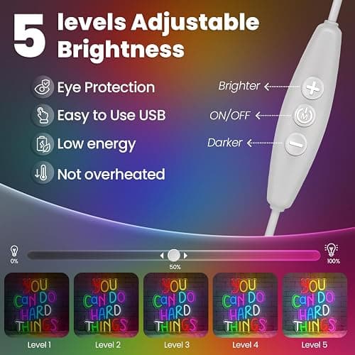 Sneignon You Can Do Hard Things Neon Sign for Classroom,USB Powered Dimmable Neon Light,Motivational Wall Decor for Study,Dorm Room,Office,Inspirational Back to School Sign thumbnail 5