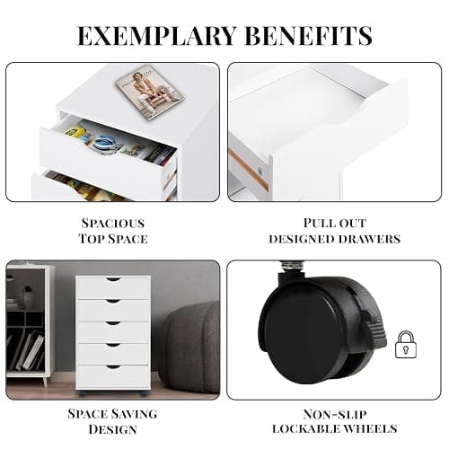 Naomi Home Taylor 5 Drawer Chest, Wood Storage Dresser Cabinet with Wheels, Craft Storage Organization, Makeup Drawer Unit for Closet, Office File Cabinet 180 lbs Total Capacity - White thumbnail 4