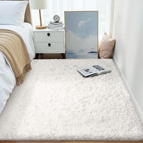 OLANLY Area Rugs for Living Room Bedroom, Machine Washable 4x5.9 ft Soft Fluffy Shaggy Bedside Rug, Indoor Floor Carpet for Kids Girls and Boys, Dorms, Nursery Rooms, Home Decor Aesthetic, Ivory - Image 1
