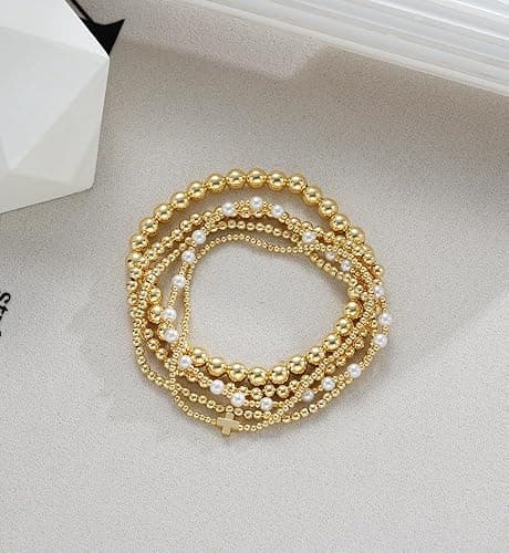 Gold Beaded Bracelets for Women, 14K Real Gold Plated Jewelry for Women Dainty Pearl Bead Bracelets Stack, Non Tarnish Trendy Stackable Ball Cross Stretch Bracelet Set Fashion Accessories Gifts for Women - Gold cross bead thumbnail 8