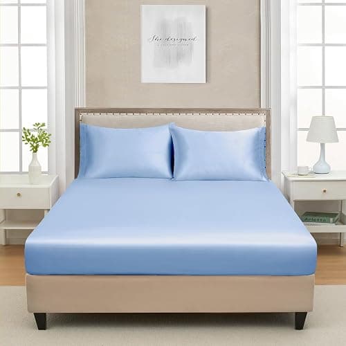 Full Silk Satin Fitted Sheet, Soft Deep Pocket Single Bottom Bed Sheets Sold Separately, Wrinkle Free, Non- Fading, Breathable, Fully Elasticized(Full Size, Light Blue) thumbnail 2