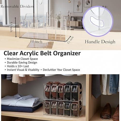 Hualinsyi Belt Organizer,Acrylic Belt Organizer for Closet with Removable Dividers 5 Compartments & Handles Drawer organization and storage for Purse,underwear, Socks,and Ties (2pack) thumbnail 3