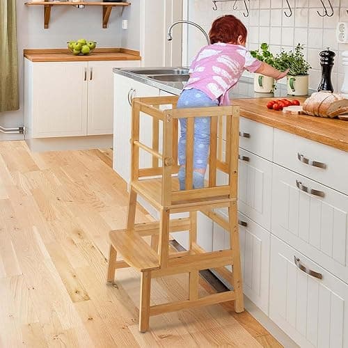 COSYLAND Kids Kitchen Step Stool，Toddler Standing Tower with CPC Certification, Removable Anti-Drop Railing Safety Rail Enjoys Unique Patented Design A Anti-tip Structure More Stable, Natural Bamboo - Natural Bamboo