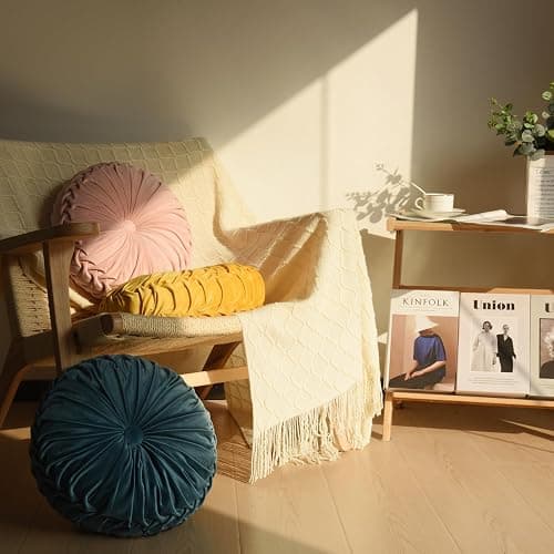 HIG Set of 2 Yellow Ruched Velvet Round Throw Pillows – 14.5’’ Decorative Pillows with Soft Polyester Filling for Couch, Bed, Living Room, Bedroom, or Dorm – Handmade, Stress Relieving, All-Season thumbnail 7