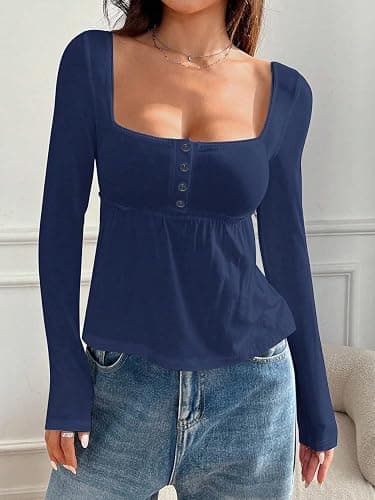 SOLY HUX Women's Babydoll Tops Long Sleeve Henley Shirts Cute Square Neck Coquette Peplum Top thumbnail 4
