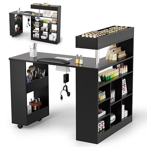 OmySalon L-Shaped Black Nail Desk Manicure Table 42.5 x 33.5 x 42.5 in | Rotatable, with Dust Collector Arm Rest, Divided Cart, Storage Shelf, Acetone Resistant MDF Board, Easy Clean, for Small Room - Image 1