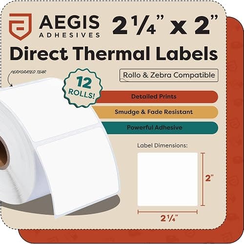 Aegis Adhesives - 2.25" X 2" Square Direct Thermal Labels (8400 Count, 12 Rolls) - QR Code Stickers, Address Tags, Barcode Labels, Product Packaging - Compatible with Zebra and Rollo Printers thumbnail 2