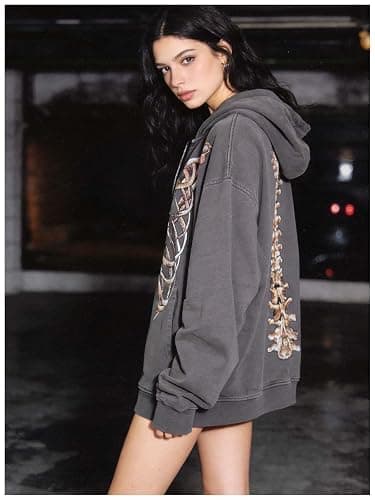 MLAFE Gothic Hooded Sweater Retro Bone Print Hooded sweatshirt Y2K zip-up jacket Grunge Hooded Sweater Harajuku upper garment thumbnail 3