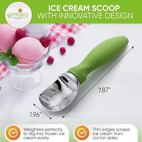 Spring Chef Green Heavy Duty Ice Cream Scoop with Non-Slip Handle - Professional Metal Ice Cream Scooper for Cookie Dough, Frozen Yogurt, Gelato, Sorbet, Melon - Dishwasher Safe Kitchen Tool thumbnail 3