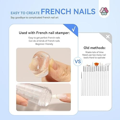Saviland French Tip Nail Stamp: 7PCS Colorful Glitter Nail Stamp and Replaceable Silicone Stamper Head Nail Scrapers French Tip Nail Tool Kit for Beginner DIY Nail Art Design Home Salon thumbnail 6