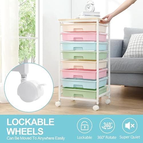 SYKIARIOL Rolling Storage Cart with Drawers,Utility Cart With 8 Drawers and Wooden Tabletop,Rolling Drawer Cart,Storage Drawer Cart for Living Room,Classroom,Bedroom,Bathroom,Dorm,Office,Rainbow thumbnail 4