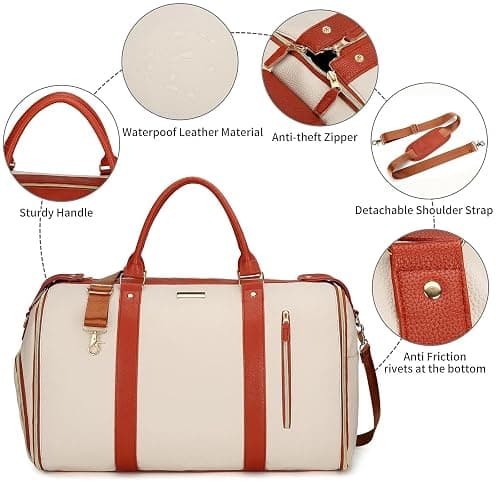Weekend Bags for Women, Large PU Leather Travel Duffel Bag, 2 in 1 Carry On Garment Bag with Shoe Compartment, Waterproof Lightweight Overnight Holdall(Pink,Pink) thumbnail 7