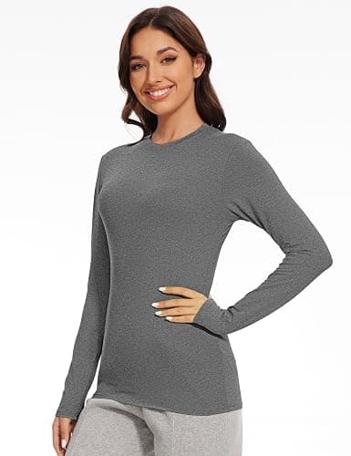 Kinglaman 5 Pack Womens Basic Long Sleeve Shirts Crew Neck Slim-Fit Fitted T Shirts Tops Undershirts Underscrub Baselayer thumbnail 5