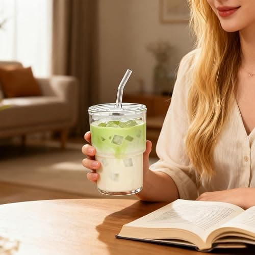 MINGHYZYA 13oz Glass Tumbler with Straw and Lid, Leak Proof Iced Coffee Cup, Thick Wall BPA Free Drinking Glass Water Cups for Iced Coffee, Matcha, Smoothie and Travel-(Clear-2pack) thumbnail 2