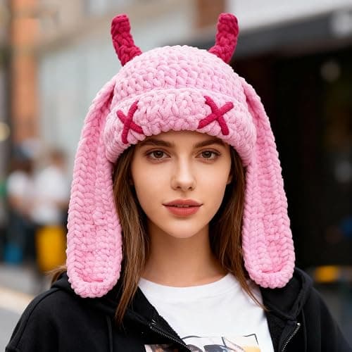 Bunny Chunky Beanie with Devil Horns Cute Chenille Crochet Hat with Long Floppy Ears Pastel Goth Rabbit Winter Skull Cap thumbnail 5