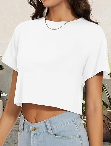 Womens Summer Crop Tops Short Sleeve Round Neck T-Shirts Loose Fit Casual Blouse thumbnail 7