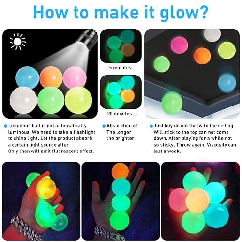4 Pcs Sticky Balls Ceiling Glow in The Dark Fidget Toys, Night Stress Balls for Adults Fluorescent Sticky Wall Balls, Luminous Balls Jumping Fun Decompression for Kids thumbnail 3