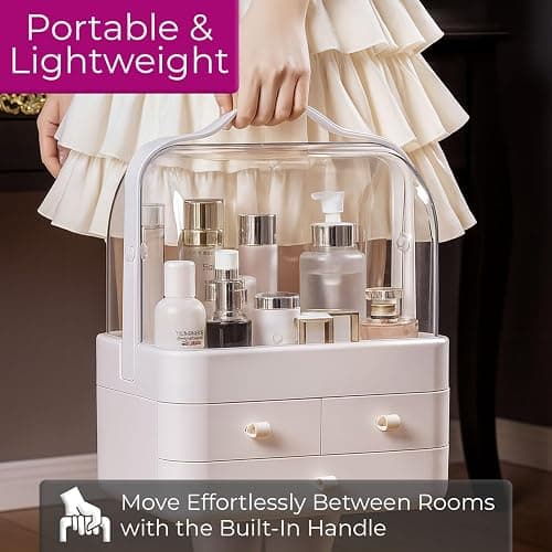 Neo Acrylic Makeup Organiser with Lid & Drawers Portable Dustproof Cosmetic Storage Box for Vanity, Bathroom Bedroom Countertop Skincare & Beauty Organiser (White) thumbnail 7