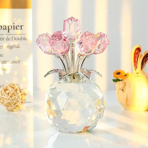 Movdyka Pink Crystal Rose Glass Flowers with Vase Figurine Home Decor | Handmade Crystal Flowers Bouquet Ornament Collectible Figurines ​Valentine Anniversary Christmas Mothers Gifts For Wife Mom thumbnail 2