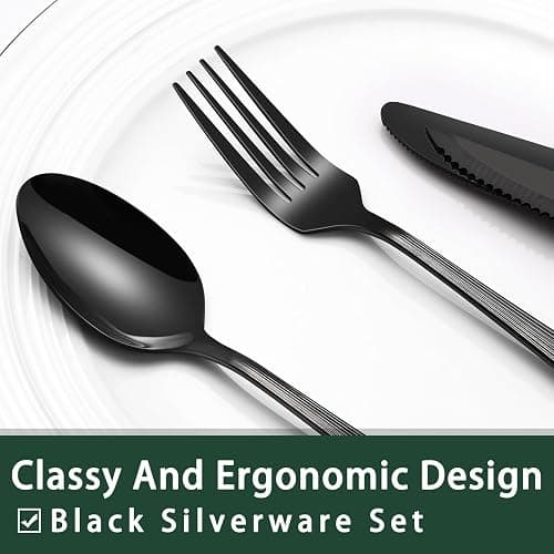 Black Hammered Silverware Set With Steak Knives, 24-Piece Stainless Steel Roman Column Flatware for 4, Food-Grade Tableware Cutlery, Utensil Set for Home Restaurant, Mirror Finish thumbnail 3