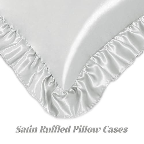 Homiest 2-Pieces Ruffle Pillow Case & Satin Fitted Sheet Set, Light Grey Twin Satin Sheets with Ruffled Pillow Shams, 15 Inch Deep Pocket, Cute & Coquette Silk-Like Bed Set for Decorating Bedroom thumbnail 4