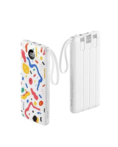VRURC Portable Charger, Built-in Cables Power Bank 10000mAh | LED Display Slim USB C Battery Pack with 5 Output 2 Input for iPhone, Samsung, Android etc-White(1 pack) - Image 1