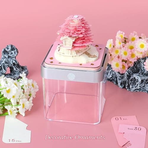 RSLIPIN 3D Memo Pad Time Piece Calendar 2026,3D Calendar Memo Pad DIY Notes Notepad Paper Craft Art Romantic Tree House,2026 3D Desk Calendar With LED Lights,Pink thumbnail 6