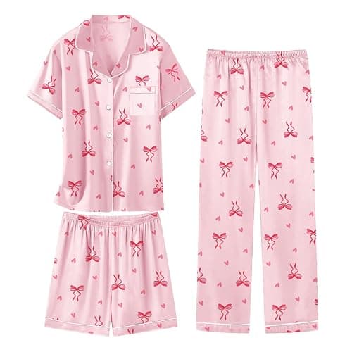1. Schbbbta Girls 3 Pieces Pajamas Sets Silk Satin Sleepwear Button Down Short Sleeve Pjs Outfits - Image 1