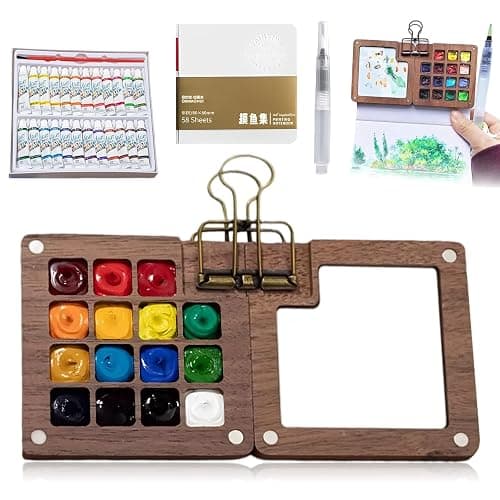 Mini Paint Palette Travel Kit, Mini Watercolor Set, Mini Watercolor Paint Sets, Travel Watercolor Palette Set, Pocket Artist Watercolors Travel Sets, Wooden Grid Paint Box (15 Grids) - Image 1