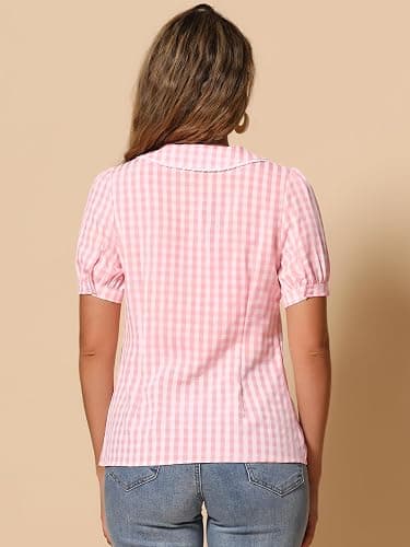 Allegra K Women's Summer Gingham Top Short Sleeve Button Down Peter Pan Collar Plaid Shirt thumbnail 4