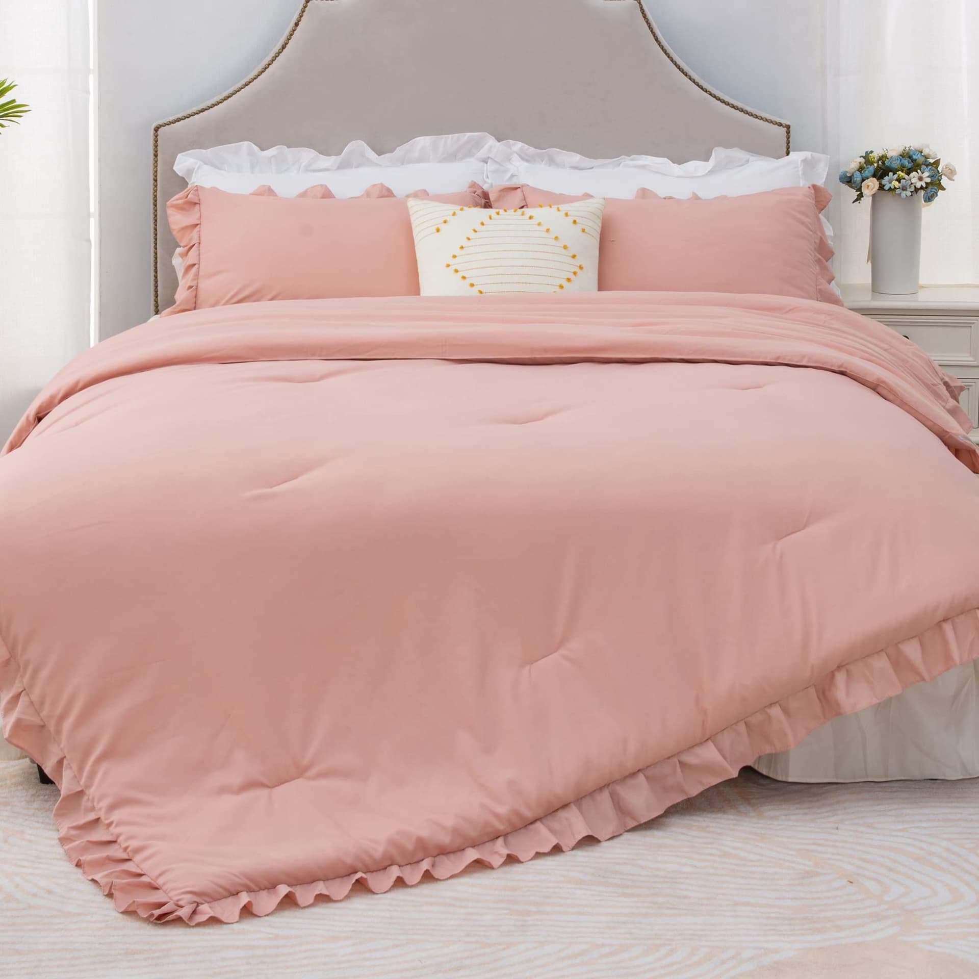 Litanika Blush Pink Ruffle King Bed Comforter Set, 3 Pieces Girls Women Cute Bedding Comforters & Sets, Lightweight Fluffy Microfiber Down Alternative (104x90In Comforter & 2 Pillowcases) - King (104"x90") - Blush Pink thumbnail 4