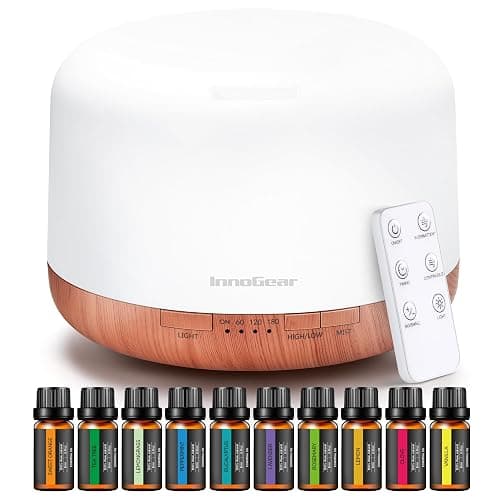 InnoGear Aromatherapy Diffuser & 10 Essential Oils Set, 500ml Essential Oil Diffuser with Remote Control Ultrasonic Cool Mist Scent Humidifier Vaporizer Auto-Off Timer for Room Office Home, Yellow - Image 1