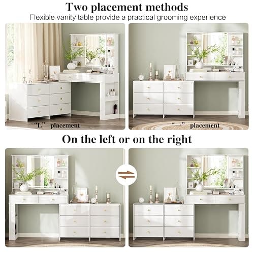 Ieejdn Makeup Vanity Desk with Mirror and Lights, Vanity Desk with 8 Drawers & Storage Shelves, Vanity Table with Power Outlet, 3 Color Modes & Adjustable Brightness Dressing Table, Bedroom,White thumbnail 8