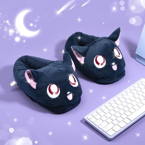 Glopastel Cat Slippers | Cute Anime Kawaii Blue Moon Ears Fuzzy Plush Slip-On House Shoes | One Size Adults Women Men thumbnail 5
