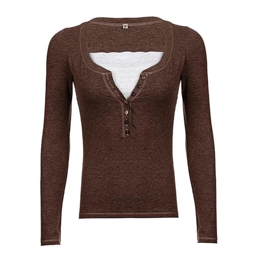 Fairy Grunge Shirt for Women Y2K Lace Patchwork Long Sleeve Henley Top Coquette Aesthetic Cute Shirts for Teen Girls thumbnail 2