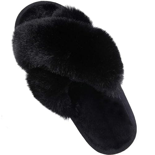 Comwarm Women's Cross Band Fuzzy Slippers Fluffy Open Toe House Slippers Cozy Plush Bedroom Shoes Indoor Outdoor - Image 1