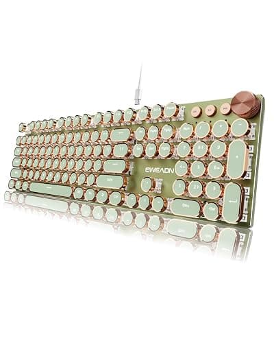 EWEADN Typewriter Style Mechanical Keyboard, Wired Typewriter Keyboards,104 Keys Backlit LED Metal Keyboards, Media Control Knob, Wired Computer Keyboard Pink Switch for Windows/Mac/PC-Green - Image 1